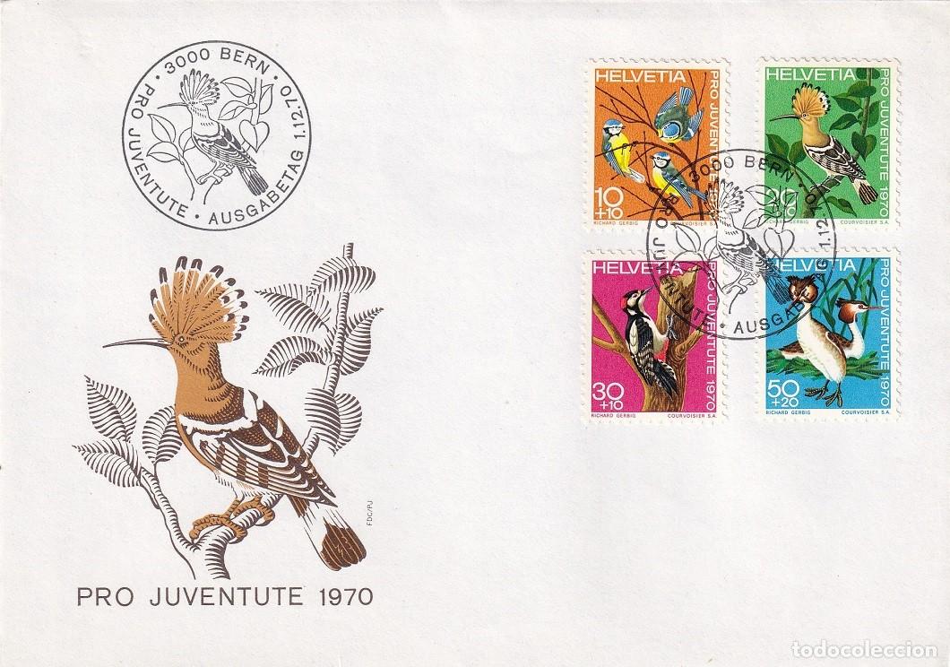 Sellos: FDC PTT Suiza 1970 Pro juventud - Herrerillo com&uacute;n - Abubilla - Pico picapinos - Somormujo lavanco