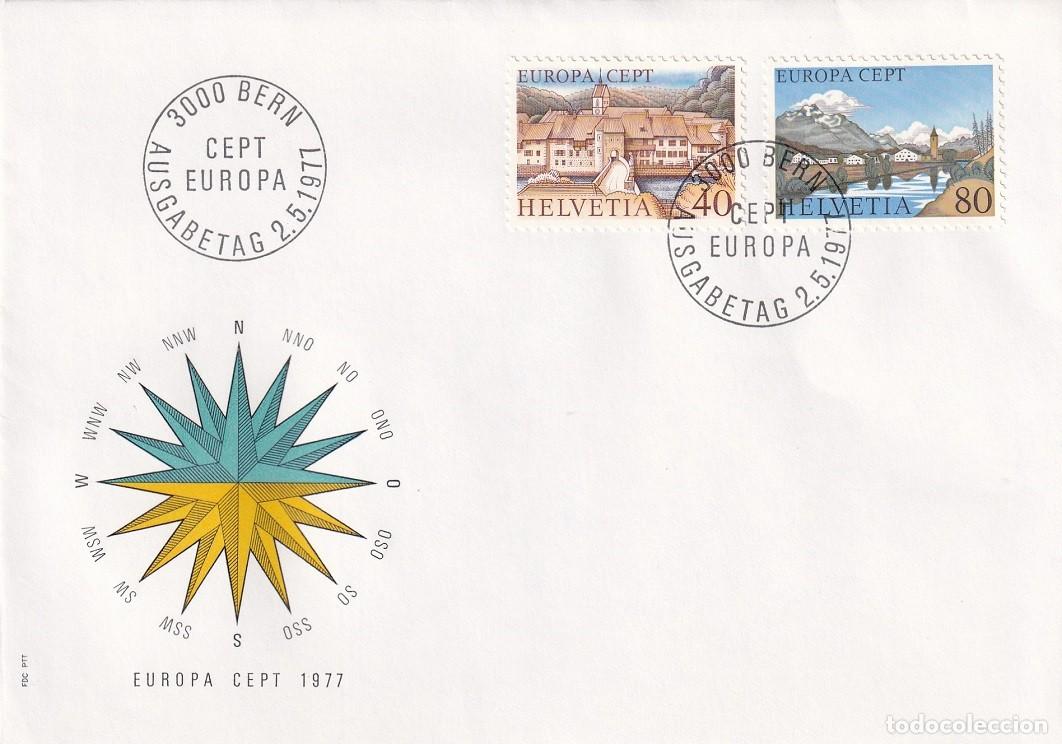 Sellos: FDC PTT Suiza 1977 - Emisi&oacute;n Europa CEPT Paisajes - Sainte Ursanne - Sils Baselgia
