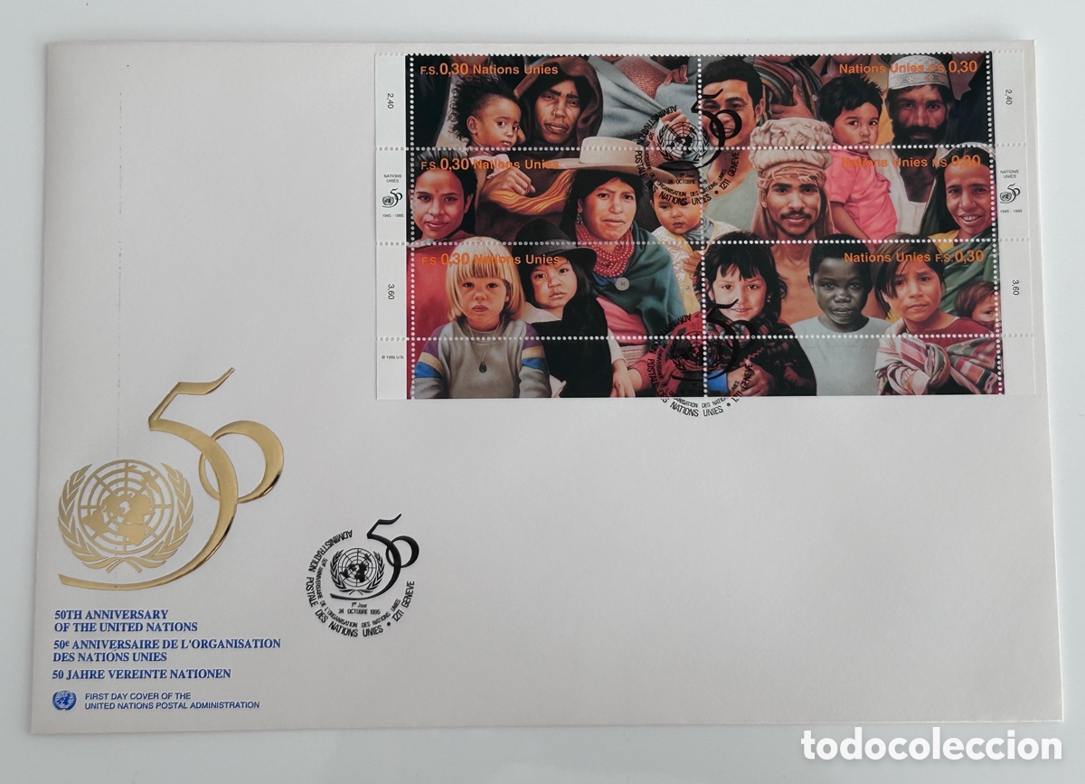 Sellos: NACIONES UNIDAS. SOBRE PRIMER D&Iacute;A. 50 ANIVERSARIO
