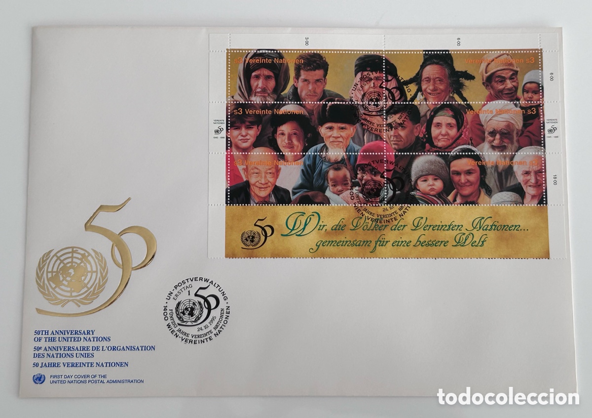 Sellos: NACIONES UNIDAS. SOBRE DEL PRIMER D&Iacute;A DE CIRCULACI&Oacute;N. 50 ANIVERSARIO