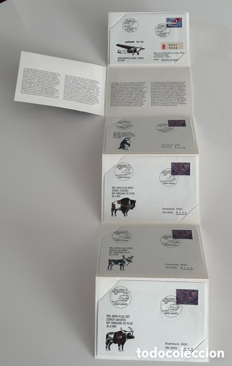 Sellos: CARPETA CONMEMORATIVA DESPLEGABLE. ANIVERSARIO SWISSAIR. 5 DOBRES CON SELLOS