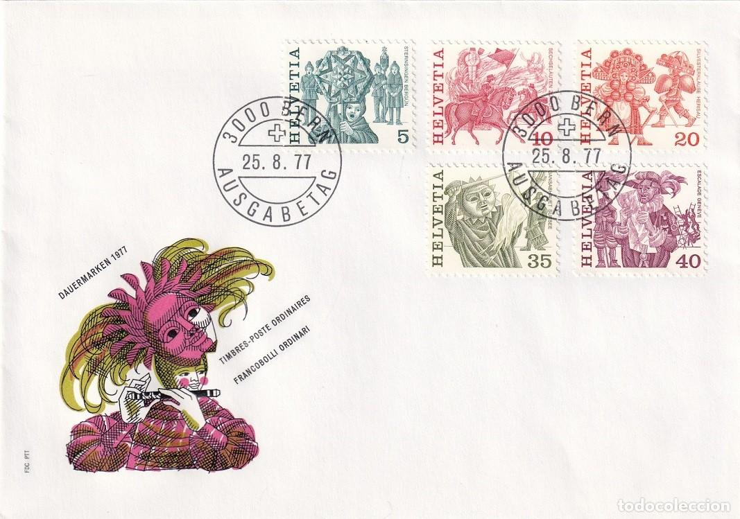 Sellos: FDC PTT Suiza 1977 - Folklore - Cantante de la estrella , El Sechselauten de Z&uuml;rich , Nochevieja ...