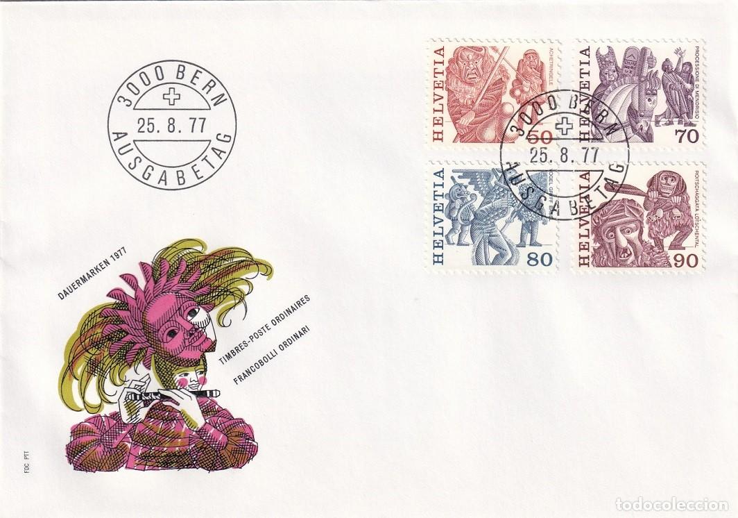 Sellos: FDC PTT Suiza 1977 - Folklore - El Achetringele , Procesi&oacute;n hist&oacute;rica de Mendrisio, El Vogel Gryff..