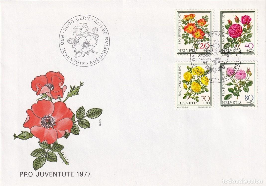 Sellos: Sobre Suiza 1977 Pro juventud Rosas - F&eacute;tida bicolor &middot; Perfumada del Hay &middot; Amarilla f&eacute;tida &middot; Rosa..