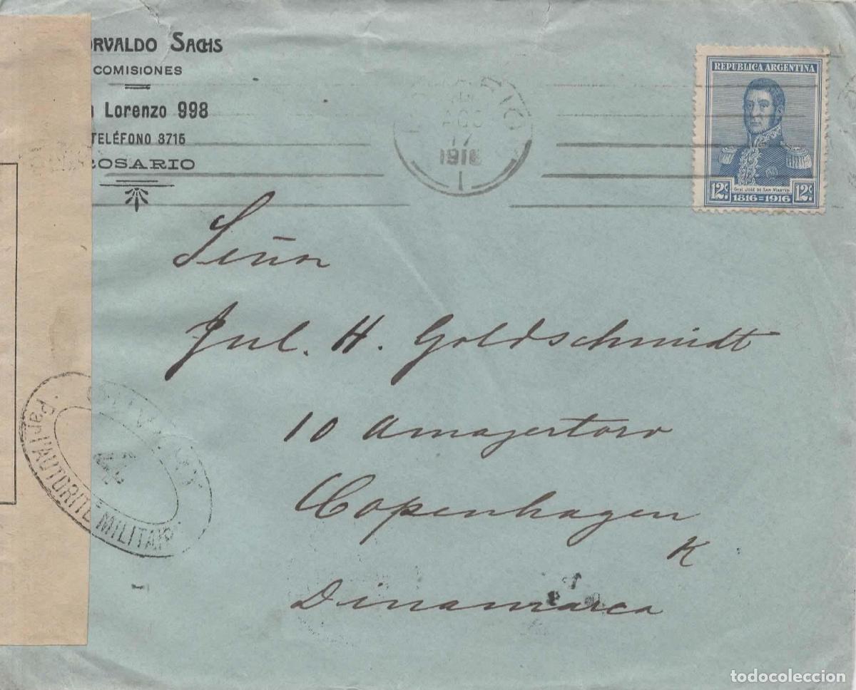 Sellos: ARGENTINA A DINAMARCA 1916 ROSARIO A COPENAGUE CON CENSURA FRANCESA