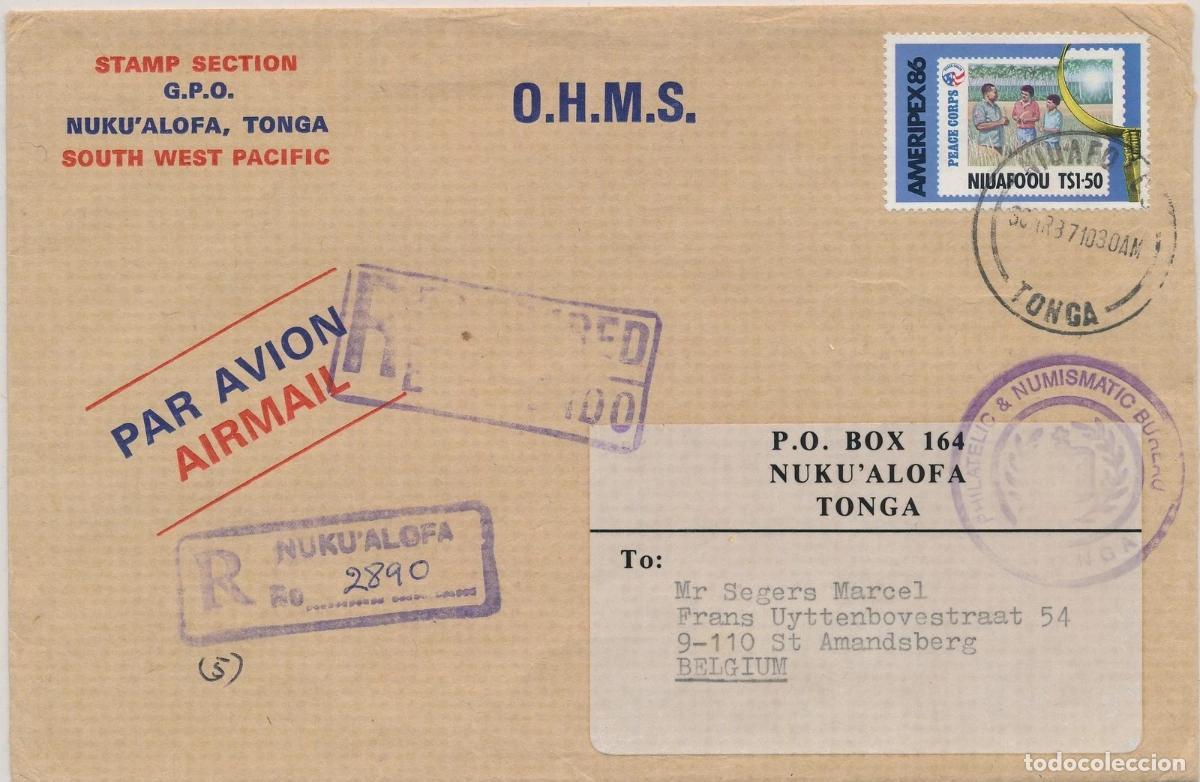 Sellos: NIUAFOOU TONGA CC CERTIFICADA A BELGICA SELLO AMERIPEX 86