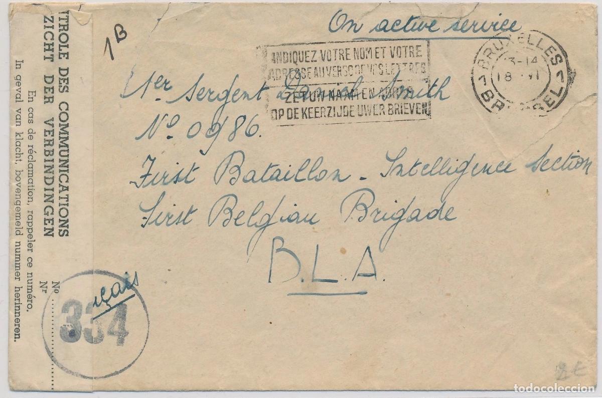 Sellos: BELGICA CC BUXELLES A FISRT BELGIAN BRIGADE CORREO MILITAR CON CENSURA
