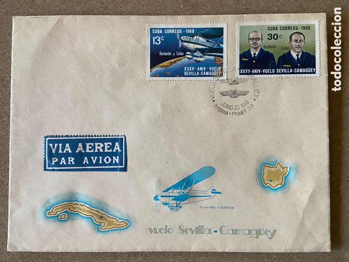 Sellos: VUELO SEVILLA-CAMAG&Uuml;EY. MATASELLOS PRIMER DIA 20-06-1968. Aviaci&oacute;n. Primeros vuelos