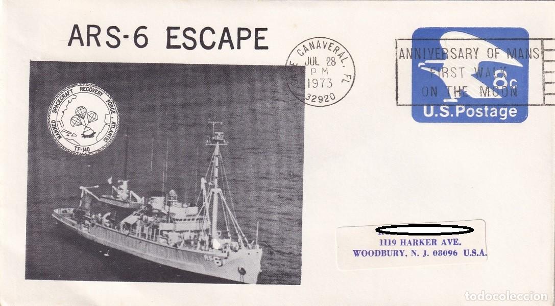 Sellos: Sobre Cabo Ca&ntilde;averal 1973 - USS Escape ARS-6 TF 140 Fuerza Recuperaci&oacute;n Naves Espaciales Tripuladas