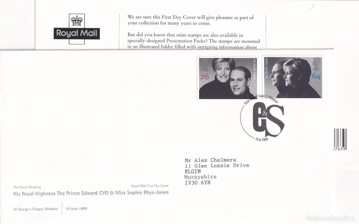 Sellos: FDC Sobre + Tarjeta Gran Breta&ntilde;a 1999 Boda Real - The Prince Edward CVO to Miss Sophie Rhys-Jones