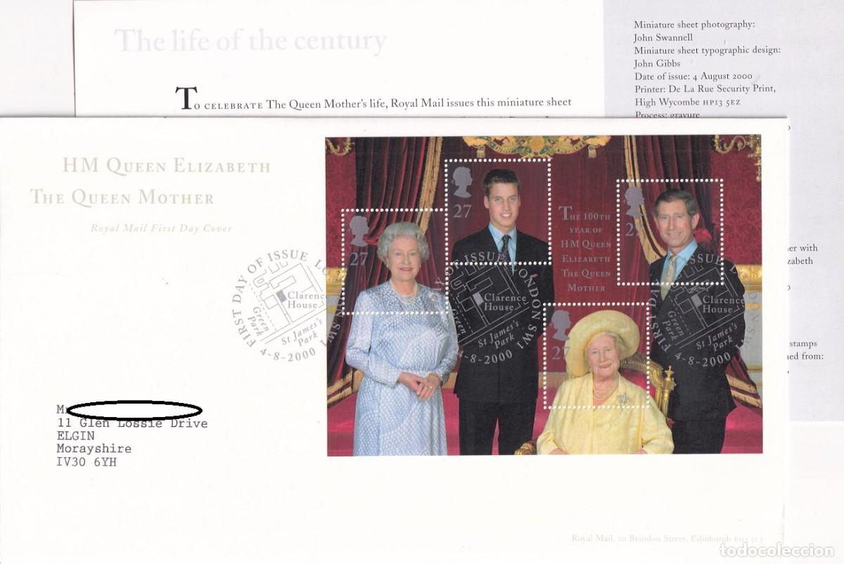 Sellos: FDC Sobre + Tarjeta Gran Breta&ntilde;a 2000 - Centenario nacimiento reina madre Elizabeth - HM Queen Eli..