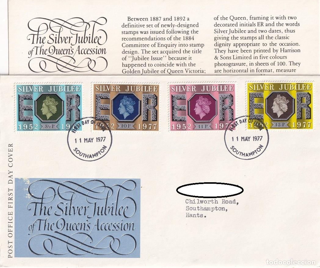Sellos: FDC Sobre + Tarjeta Gran Breta&ntilde;a 1977 - XXV Aniversario Coronaci&oacute;n de Isabel II Reinado - The Silver