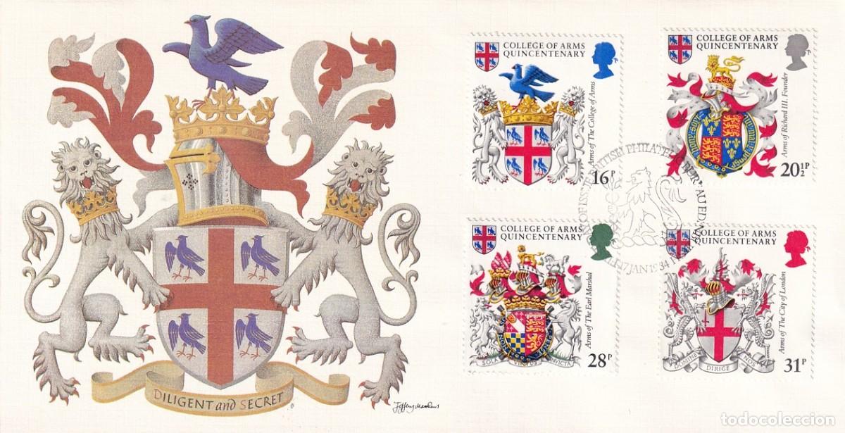 Sellos: FDC Gran Breta&ntilde;a 1984 - Her&aacute;ldica V Centenario del Real Colegio de Armas - Legendary Coats of Arms