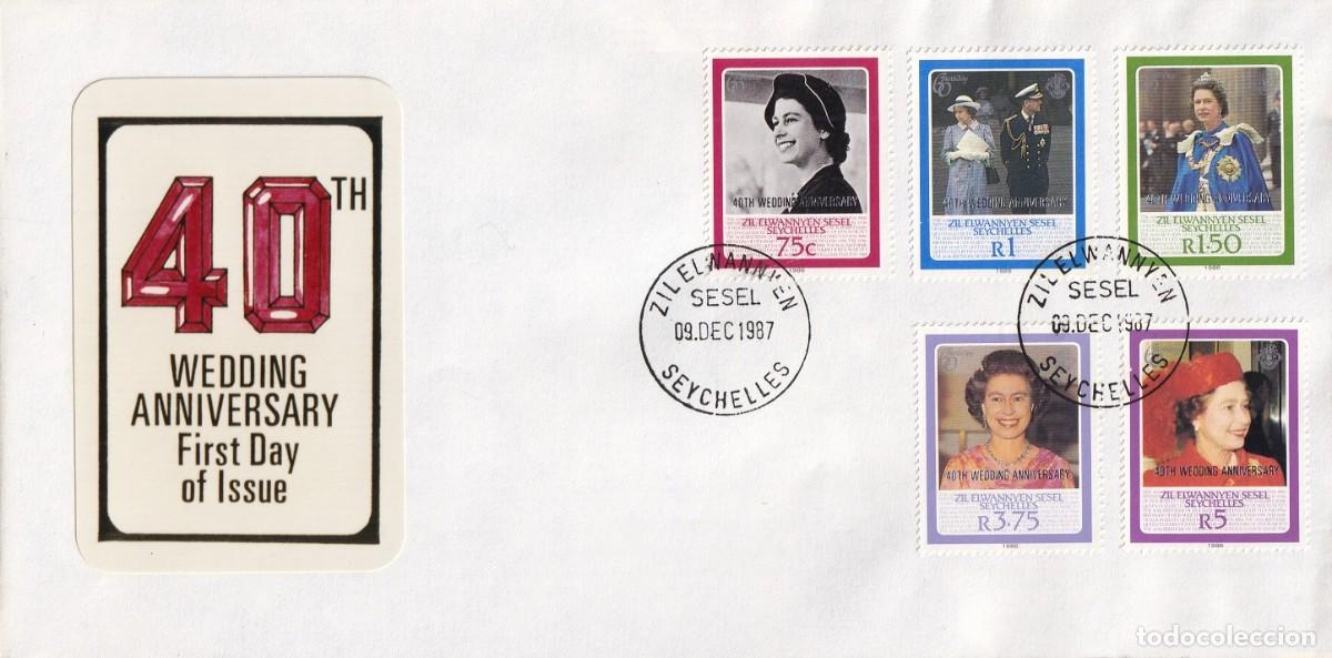 Sellos: FDC Zil Elwannyen Sesel 1987 Sobrecarga - 40 Aniversario boda de Isabel II con el pr&iacute;ncipe Felipe..