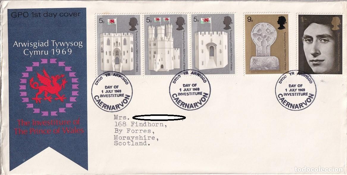 Sellos: FDC Gran Breta&ntilde;a 1969 - Investidura del pr&iacute;ncipe de Gales y castillo de Caernarfon - Arwisgiad Tyw..