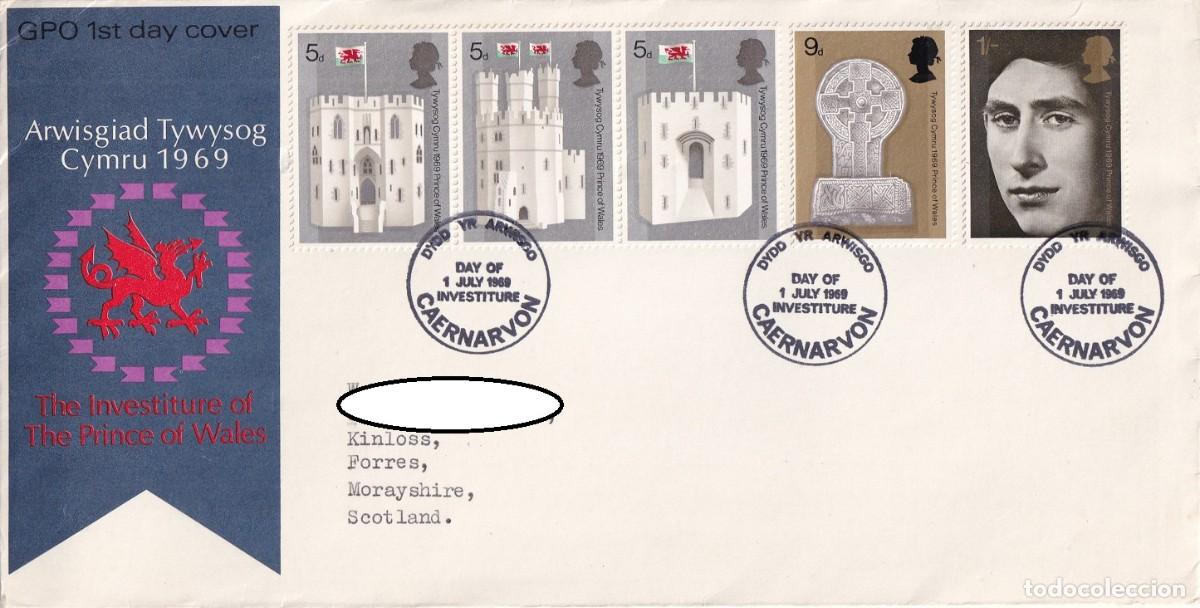 Sellos: FDC Gran Breta&ntilde;a 1969 - Investidura del pr&iacute;ncipe de Gales y castillo de Caernarfon - Arwisgiad Tyw..