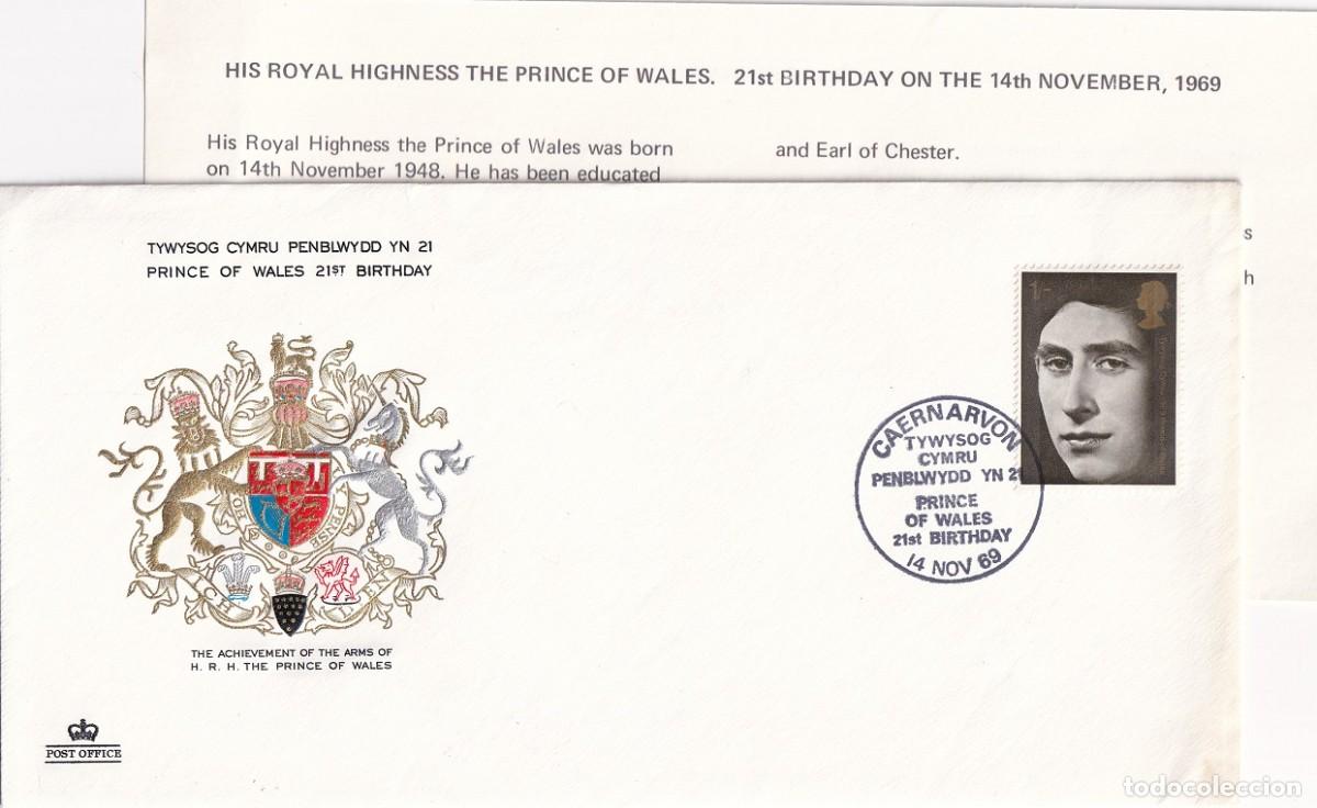Sellos: Sobre + Tarjeta Gran Breta&ntilde;a 1969 - 21 Aniversario Pr&iacute;ncipe de Gales Carlos III - Tywysog Cymru Pe..