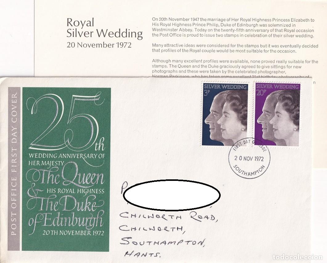 Sellos: FDC Sobre + Tarjeta Gran Breta&ntilde;a 1972 - Bodas de plata de la Reina Isabel II y del Pr&iacute;ncipe Felipe