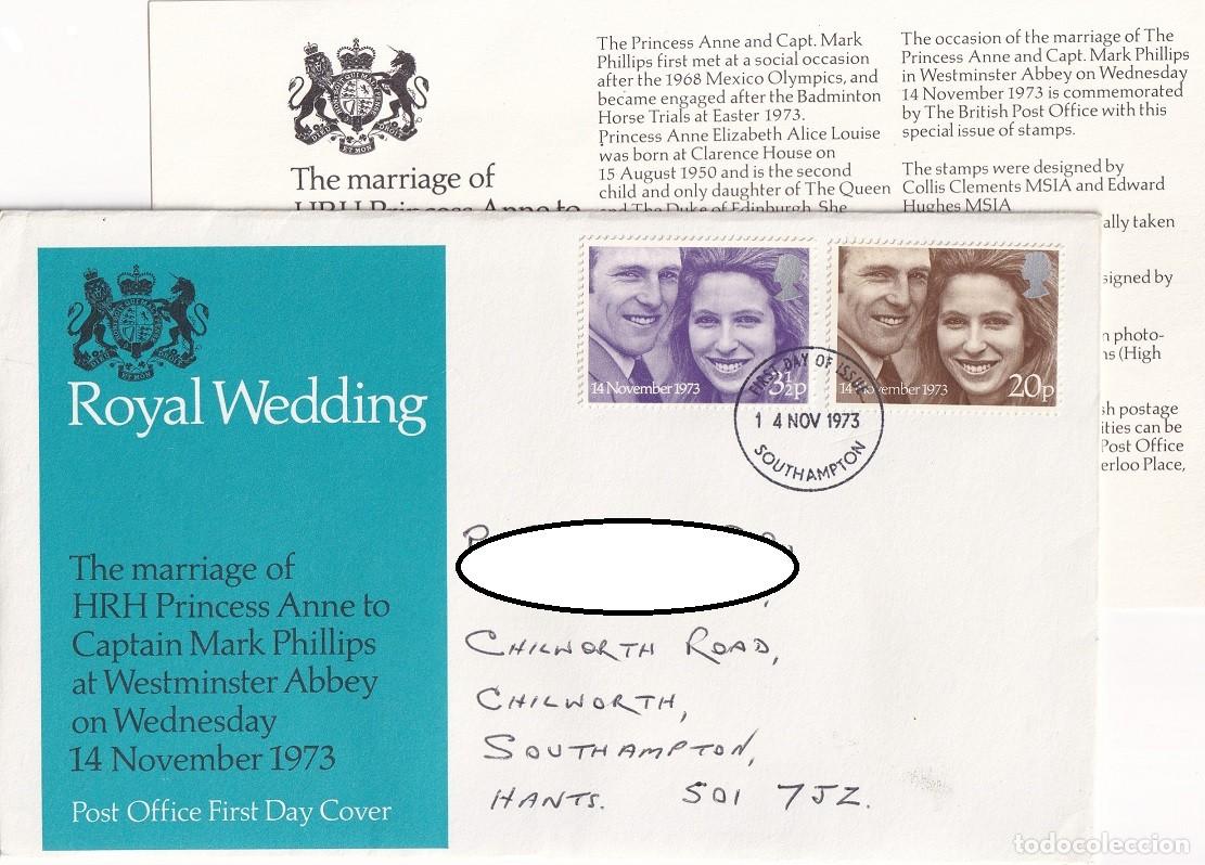 Sellos: FDC Sobre + Tarjeta Gran Breta&ntilde;a 1973 - Boda de la princesa Ana con el capit&aacute;n Mark Philips - Royal