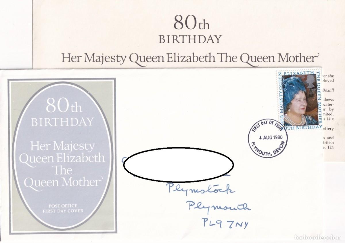 Sellos: FDC Sobre + Tarjeta Gran Breta&ntilde;a 1980 - 80 Aniversario del nacimiento de la reina madre Elizabeth