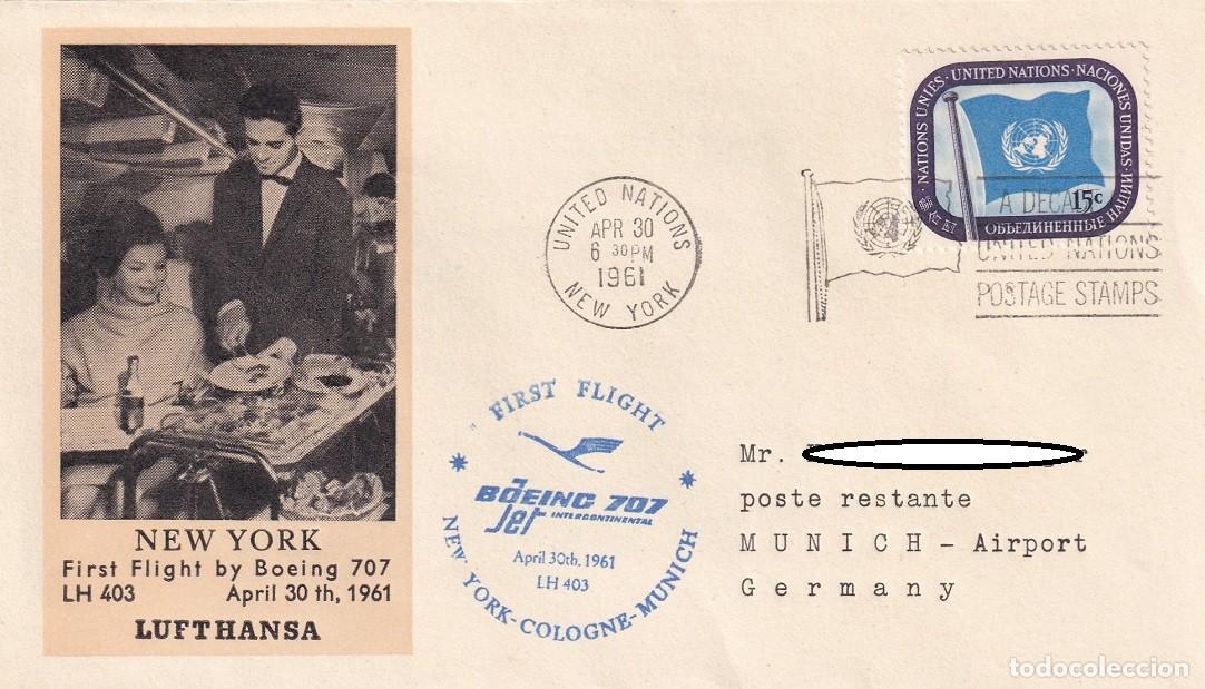 Sellos: Sobre Naciones Unidas Nueva York 1961 - Primer vuelo Boeing 707 LH 403 - Lufthansa - Cologne M&uuml;nich