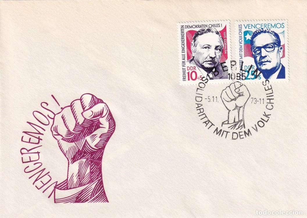Sellos: Sobre Berl&iacute;n RDA DDR 1973 - Venderemos! - Solidaridad con Chile - Lu&iacute;s Corval&aacute;n - Salvador Allende