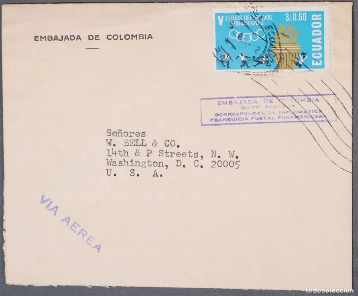 Sellos: ECUADOR A USA EMBAJADA DE COLOMBIA FRANQUICIA POSTAL PANAMERICANA
