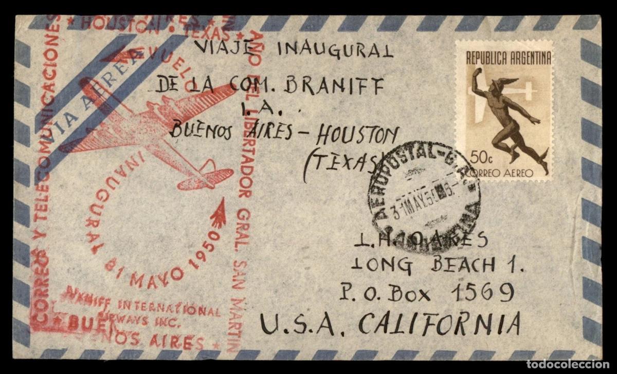 Sellos: ARGENTINA A USA 1950 PRIMER VUELO BUENOS AIRES HOUSTON BRANIFF A&Ntilde;I SAN MARTIN