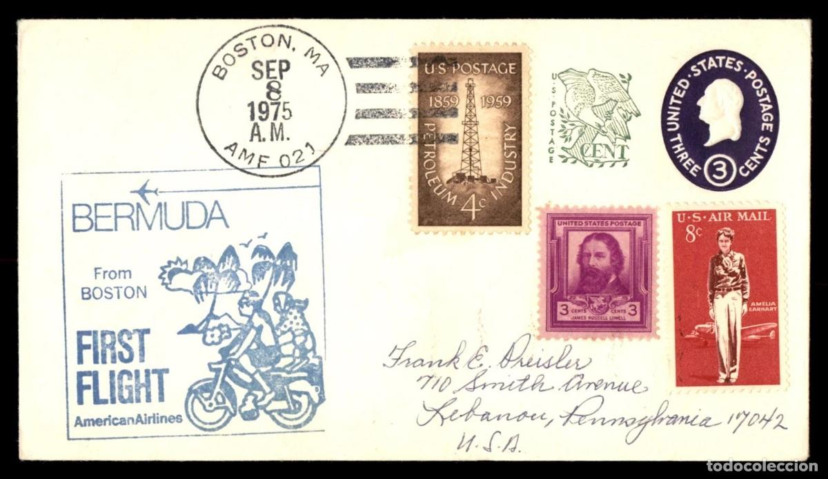 Sellos: ESTADOS UNIDOS USA BOSTON PRIMER VUELO A BERMUDA 1975 MOTOCICLETA MOTORCYCLE