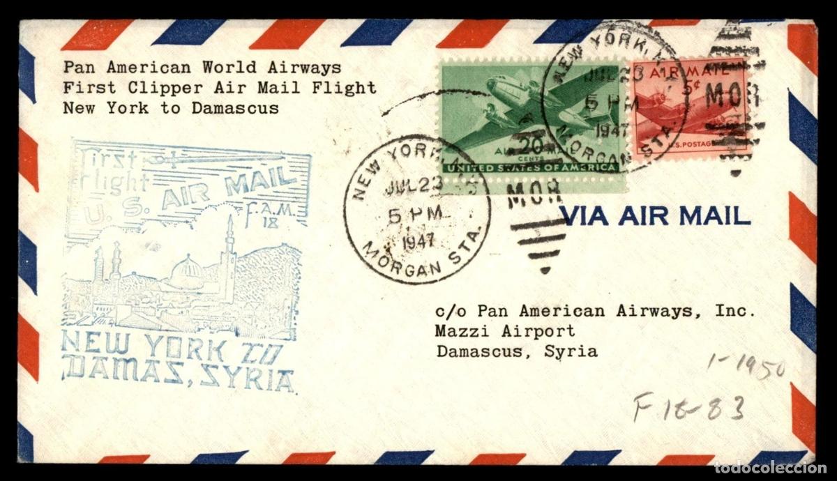 Sellos: ESTADOS UNIDOS USA PRIMER VUELO NEW YORK A DAMASCO SIRIA SYRIA 1947 OAN AM