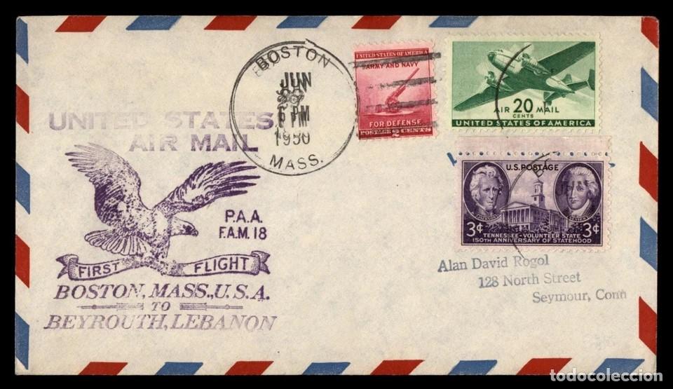 Sellos: ESTADOS UNIDOS USA PRIMER VUELO 1950 BOSTON A BEYROUTH LIBANO FAM 18 PAA