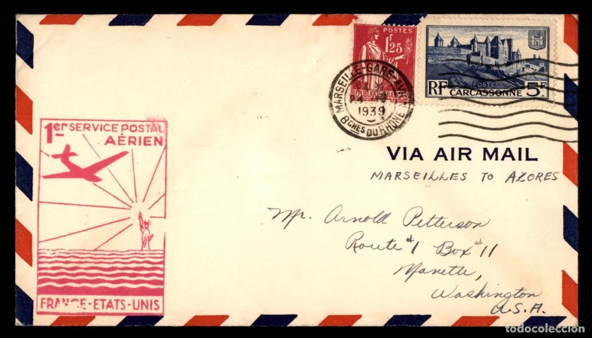 Sellos: FRANCIA A USA 1939 PRIMER ENLACE AEREO LLEGADA A AZORES
