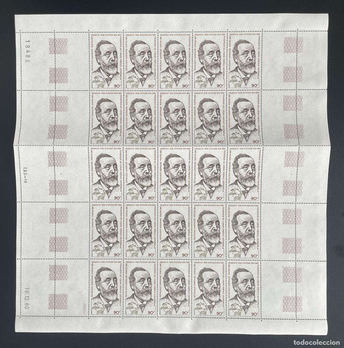 Sellos: Gab&oacute;n 1981 YT 448 tabl&oacute;n Heinrich von Stephan UPU Uni&oacute;n Postal