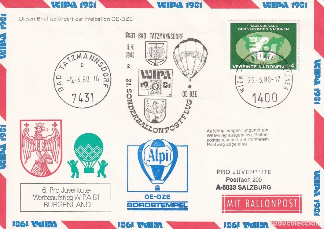 Sellos: Naciones Unidas 1980 - Wipa 1981 - Correo en Globo OE-DZE Ballonpost - Ascenso cancelado mal tiempo