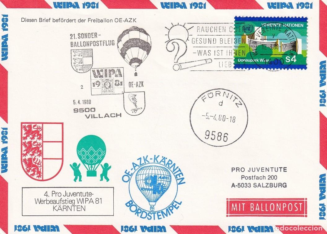 Sellos: Naciones Unidas 1980 - Wipa 1981 - 21 Vuelo Especial de Correo en Globo OE-AZK Carintia - Matasellos