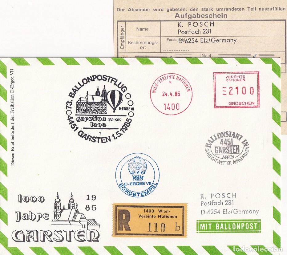 Sellos: Naciones Unidas 1985 R Cert - 73 Vuelo Correo en Globo D-Ergee VII Cancelado mal tiempo + Resguardo