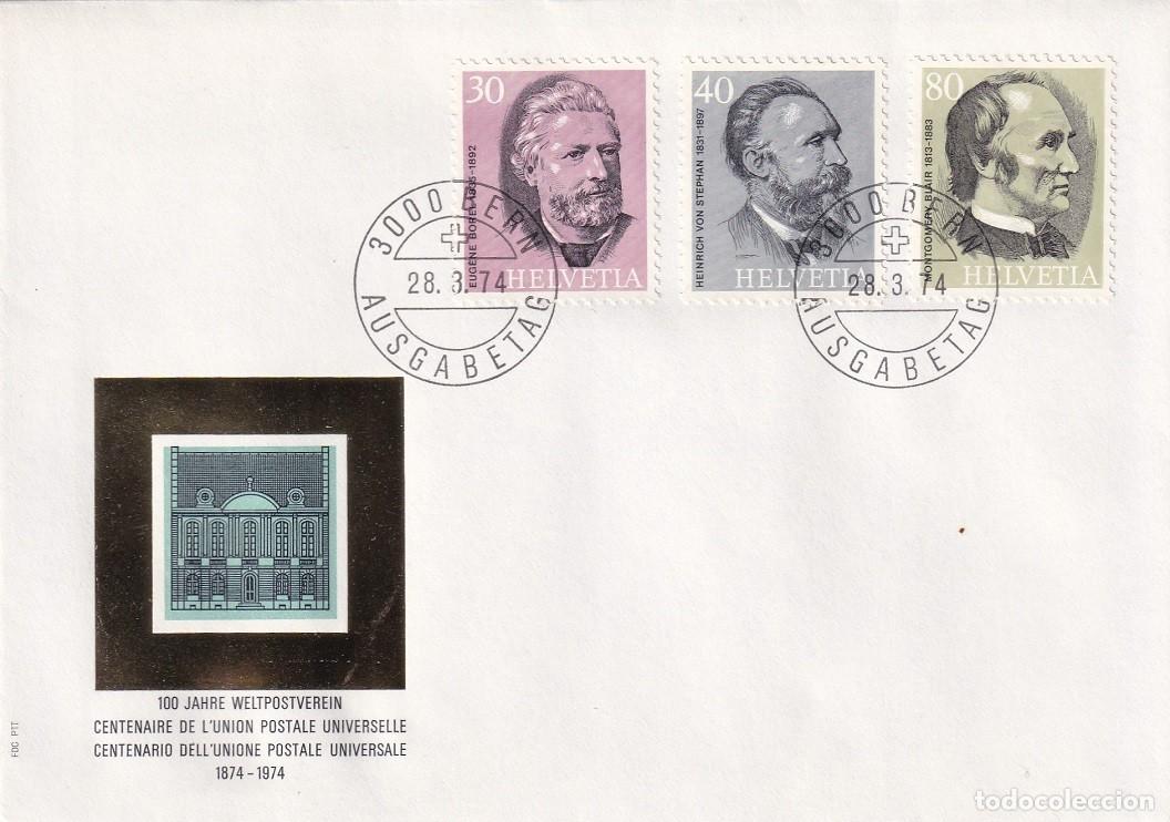 Sellos: FDC Suiza 1974 - UPU Centenario de la Uni&oacute;n Postal Universal Eugene Borel - Heinrich von Stephan ..