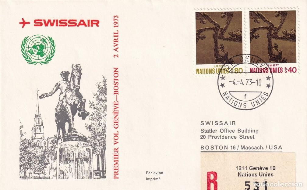 Sellos: Sobre certificado R primer vuelo Swissair Ginebra - Boston 1973 - ONU Ginebra - Matasellos llegada