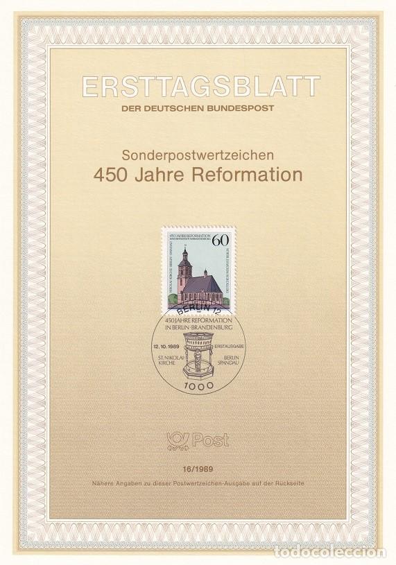 Sellos: Ersttagsblatt 16/1989 Berl&iacute;n / 450 Jahre Reformation - Iglesia de San Nicol&aacute;s &middot; 450 Aniv. Reforma ..
