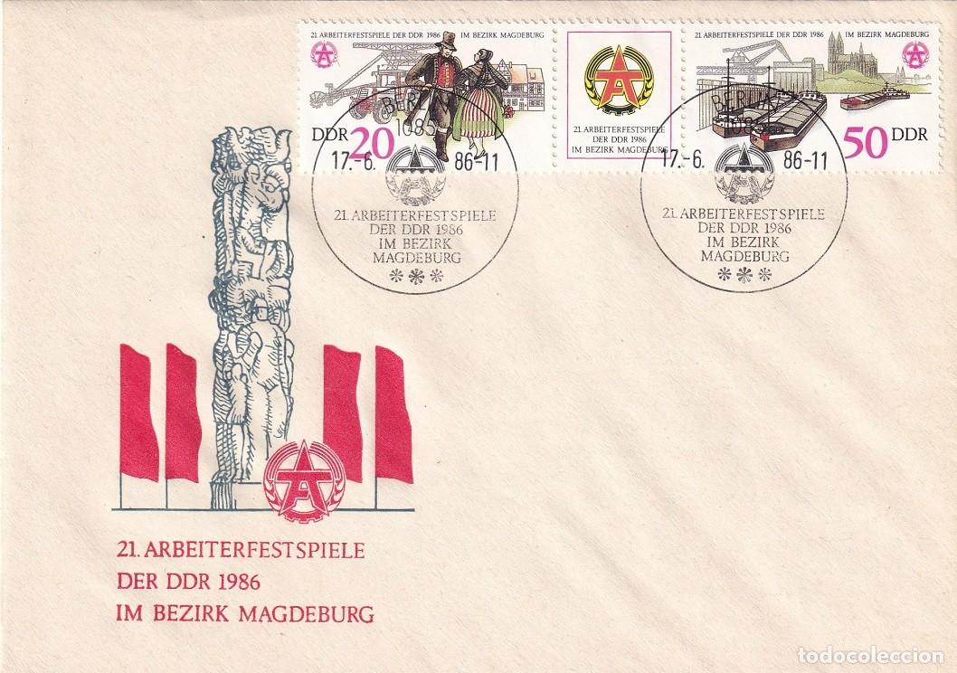 Sellos: Sobre DDR RDA Berl&iacute;n 1986 - 21 Festival de los trabajadores de Magdeburgo - 21 Arbeiterfestspiele ..