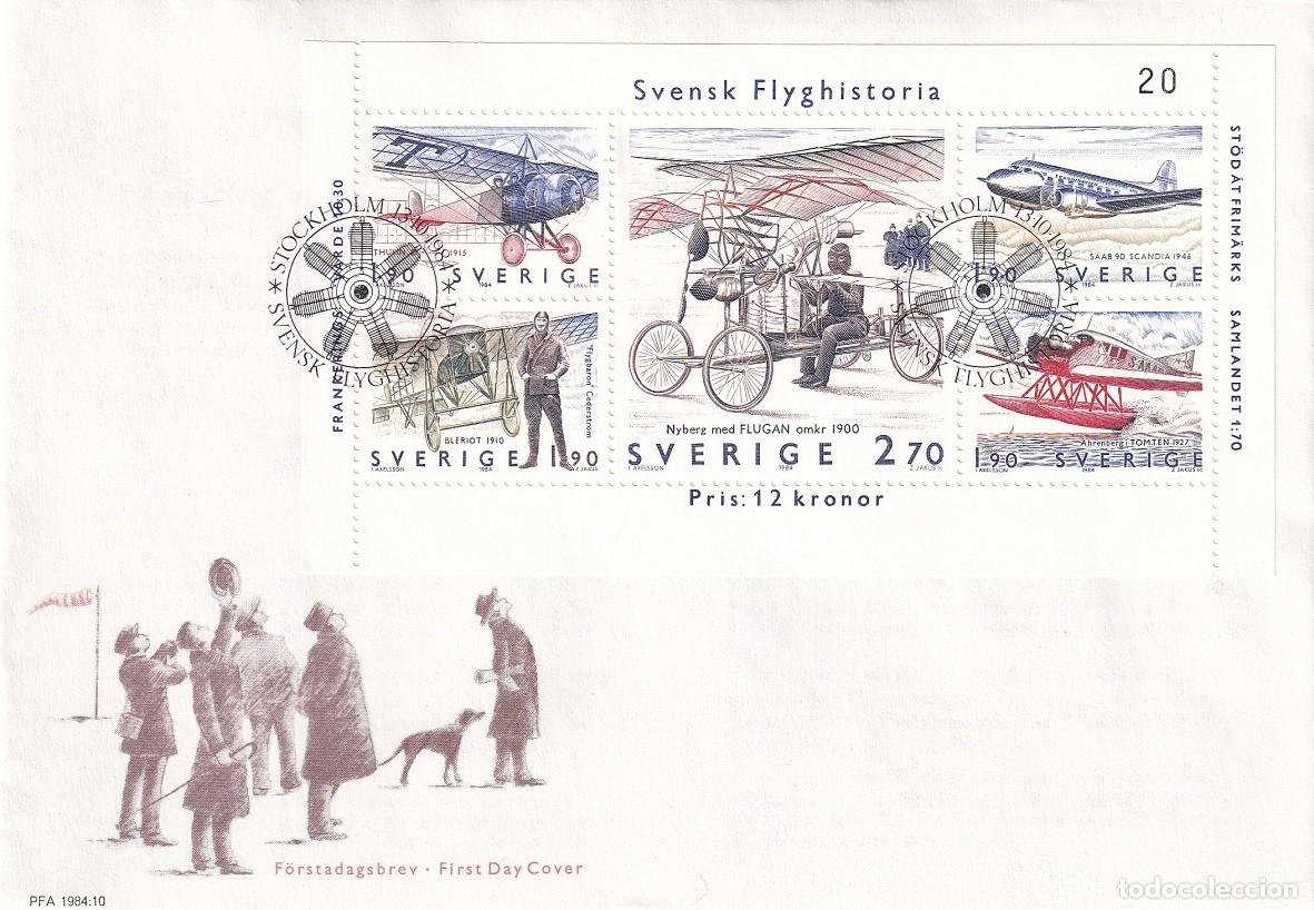 Sellos: FDC Sobre + Hoja Suecia 1984 - Historia de la aviaci&oacute;n sueca - Thulin D. 1915 - Bl&eacute;riot. 1910 - SA..