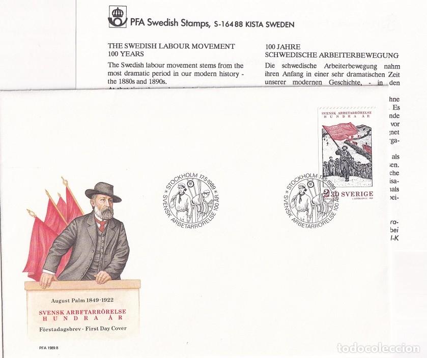 Sellos: Sobre + Hoja Suecia 1989 - Centenario de la Organizaci&oacute;n Nacional de los Trabajadores - August Palm