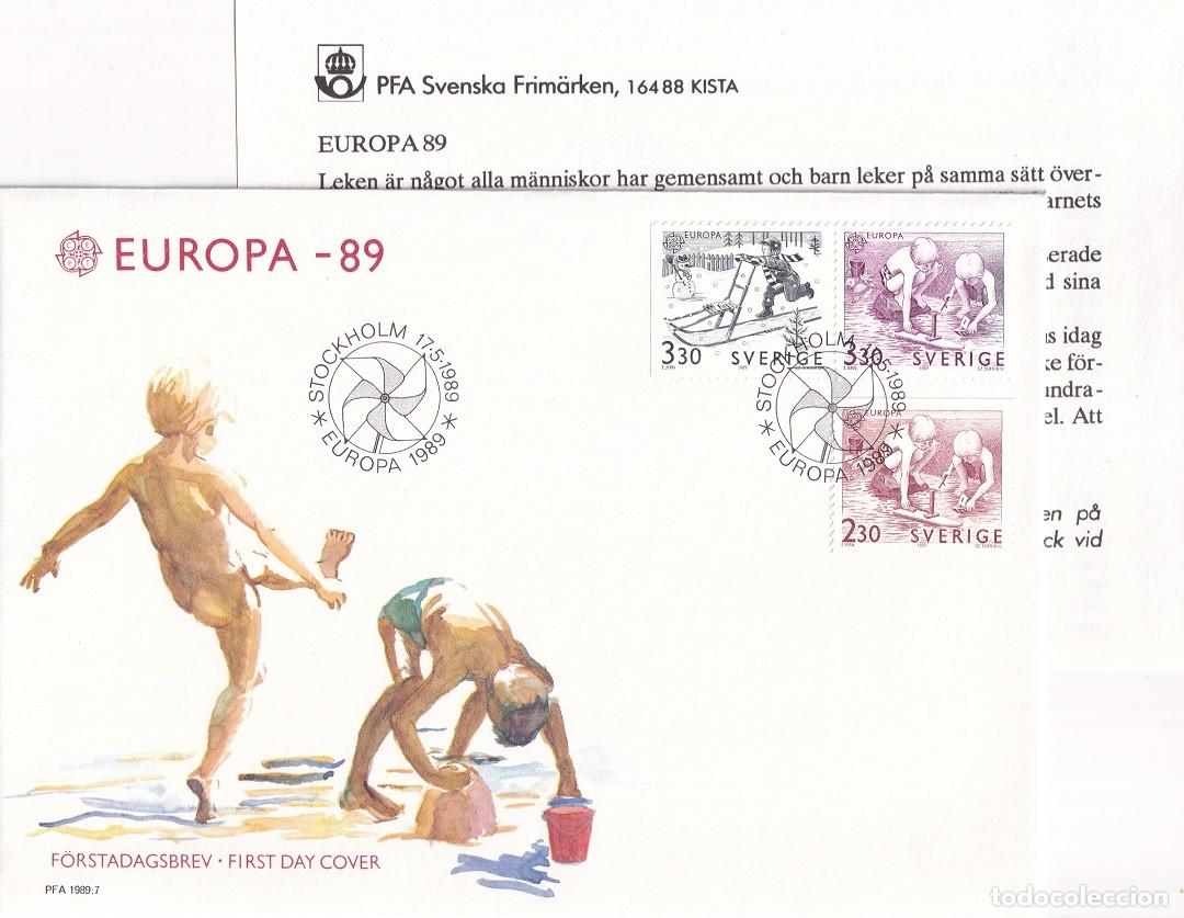 Sellos: FDC Sobre + Hoja Suecia 1989 - Emisi&oacute;n Europa CEPT Juegos infantiles - Trineo - Barquito de madera