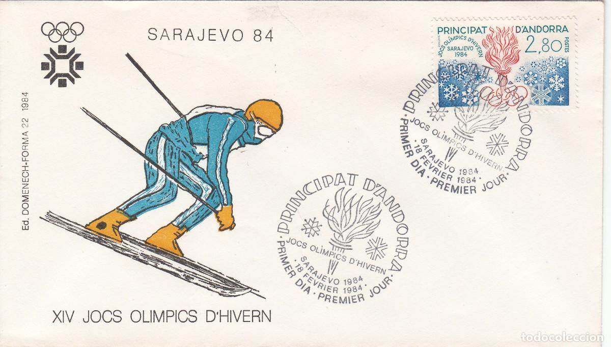 Sellos: ANDORRA FRANCESA - SPD PRIMER D&Iacute;A - JOCS OLIMPICS D'HIVERN - SARAJEVO 84 - 1984