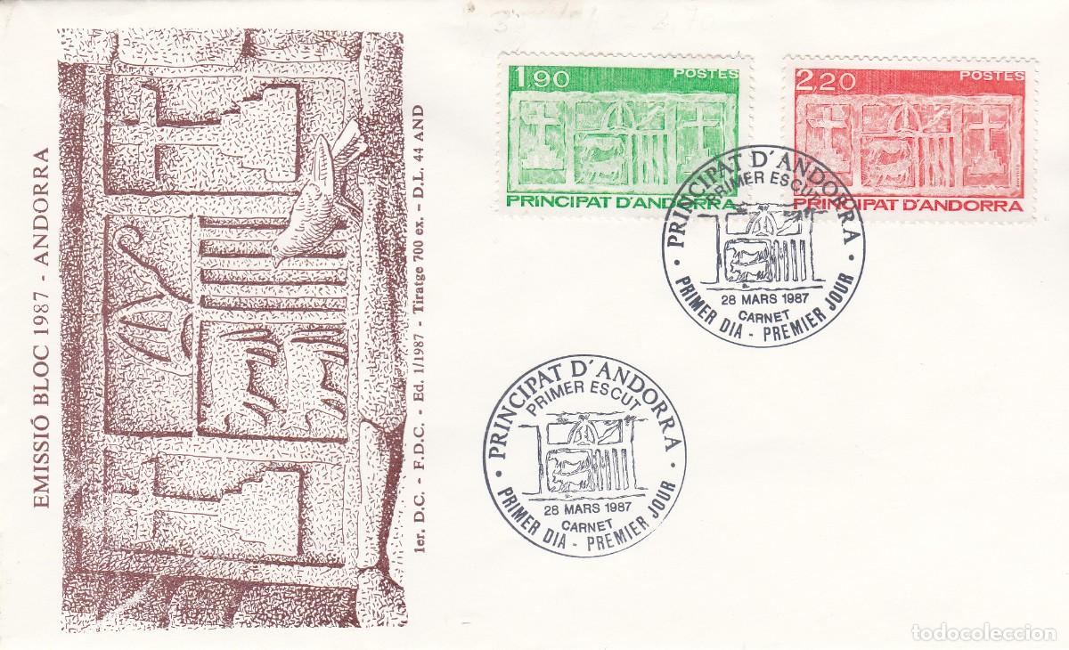 Sellos: ANDORRA FRANCESA - SPD PRIMER D&Iacute;A - PRIMER ESCUT - 1987