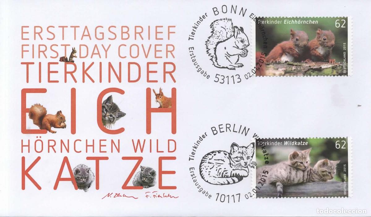 Sellos: ALEMANIA FDC BONN BERLIN FAUNA GATO CAT FELINO ARDILLA SQUIRRELL