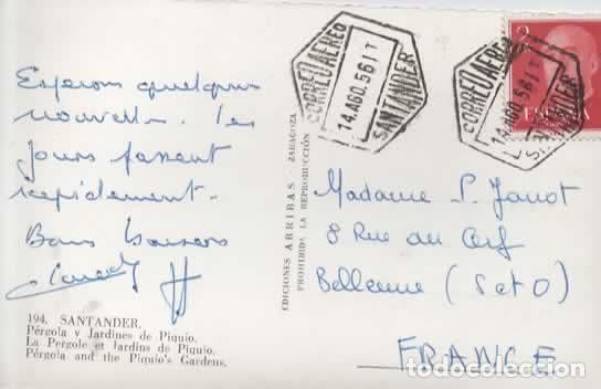 Sellos: SANTANDER POSTAL CON SELLO 2 PESETAS ROJO Y MAT HEXAGONAL CORREO AEREO 1956