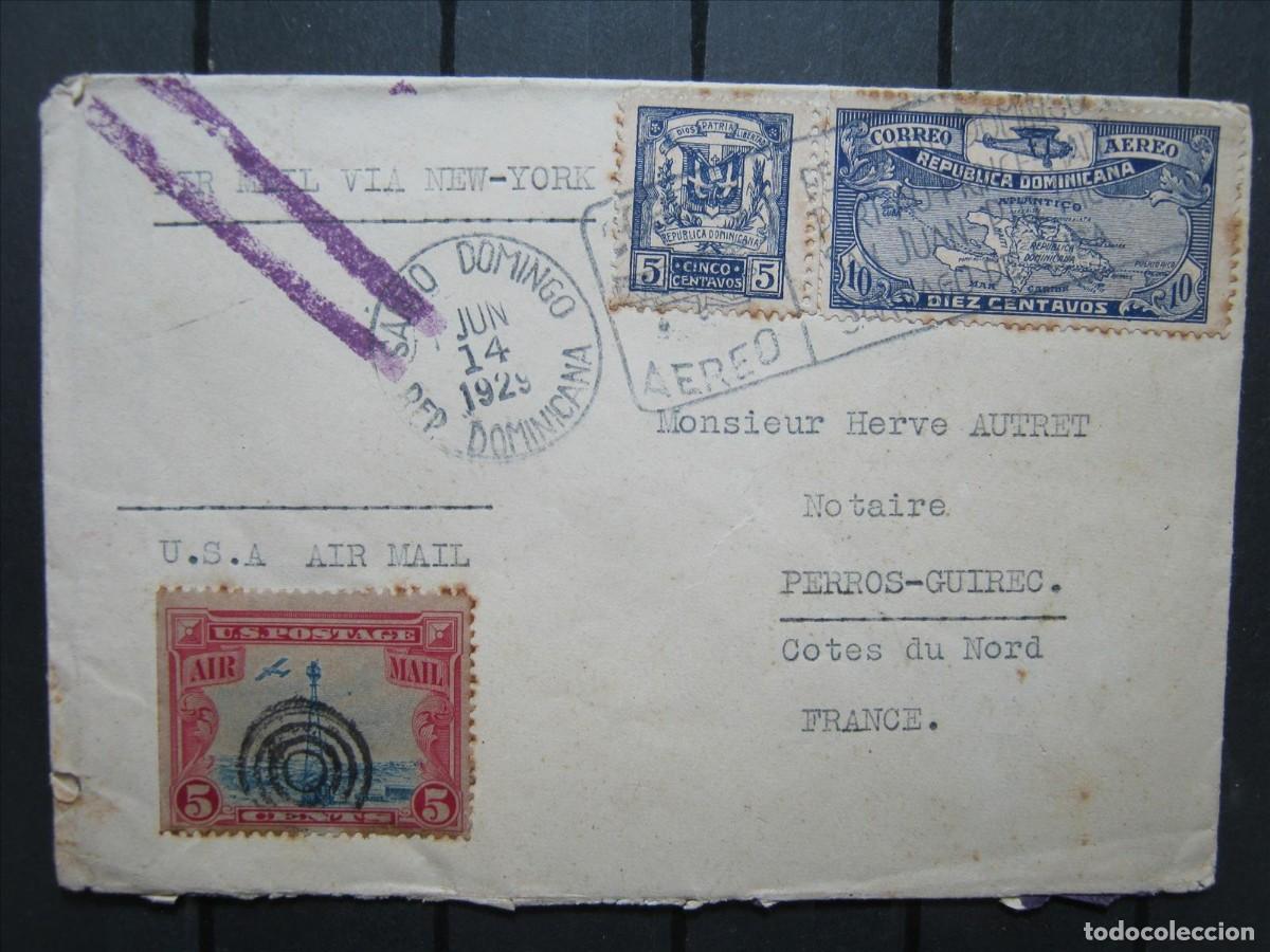 Sellos: CARTA 14/6/1929 CORREO A&Eacute;REO R. DOMINICANA A FRANCIA V&Iacute;A NUEVA YORK CORREO MIXTO.