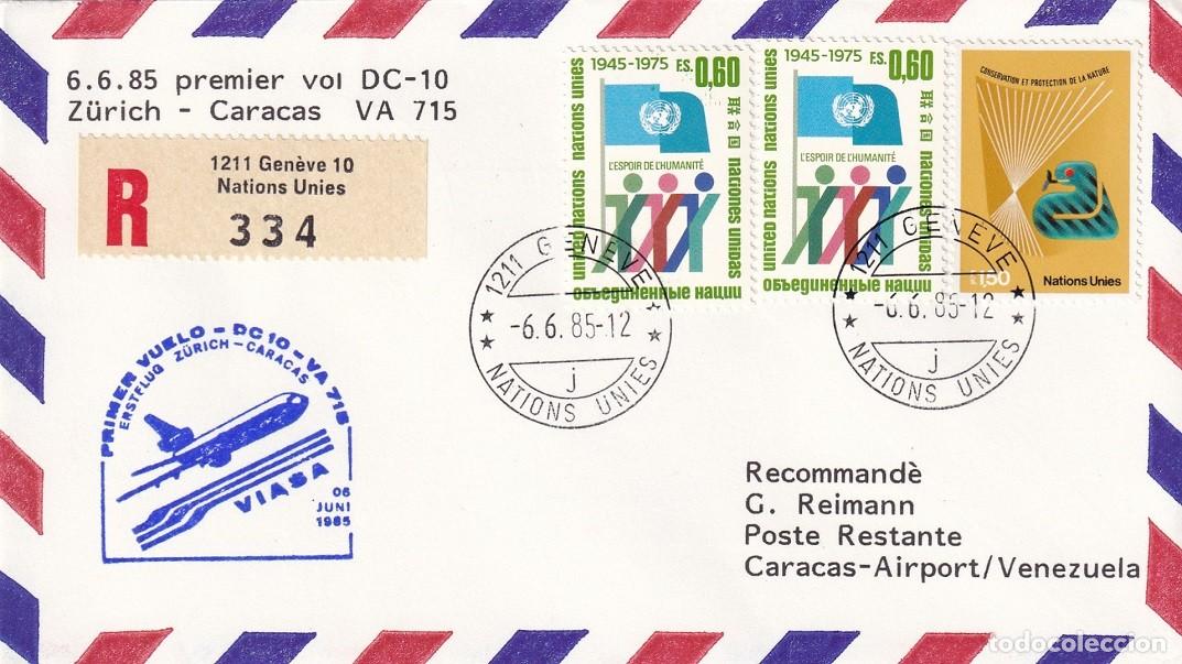 Sellos: Sobre certificado R a&eacute;reo 1985 - Primer vuelo DC-10 VIASA Z&uuml;rich-Caracas - Poste Restante - Aeropu..