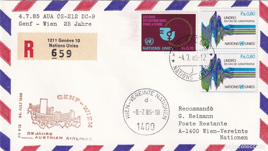 Sellos: Sobre certif R a&eacute;reo 1985 - 1er vuelo AUA OS-212 DC-9 Genf-Wien Poste Restante - 25 Aniv Austria aer